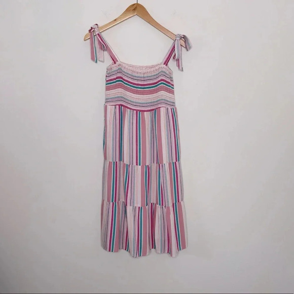 Thread & Supply Pink Llama Looking Up  Smocked Tie-Strap Midi Dress Size XS - Picture 1 of 8